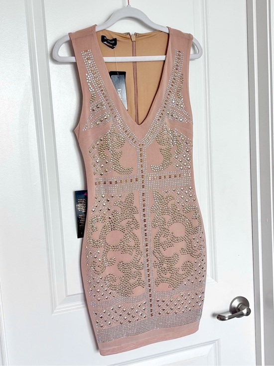 bebe Dresses & Skirts - NWT Bebe Nude Studded Bodycon Mini Dress XS Y2K Glam Bandage Rhinestone Clubwear